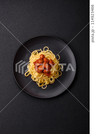 Delicious paste with soy meat with tomato sauce, salt and spices 114923466