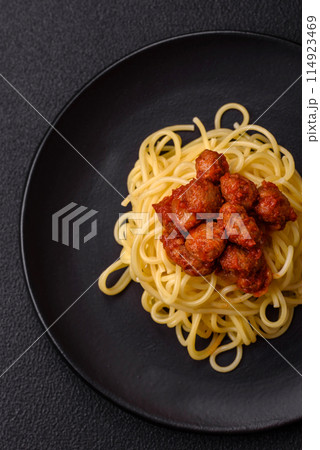 Delicious paste with soy meat with tomato sauce, salt and spices 114923469