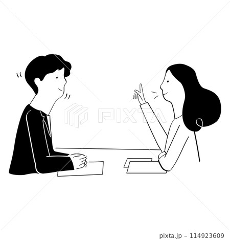 机に座って、相談を受ける男性社員と相談する女性の線画イラスト 机に座って、相談を受ける男性社員と相談する女性の線画イラスト 114923609