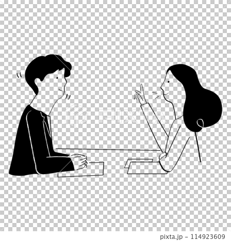 机に座って、相談を受ける男性社員と相談する女性の線画イラスト 机に座って、相談を受ける男性社員と相談する女性の線画イラスト 114923609