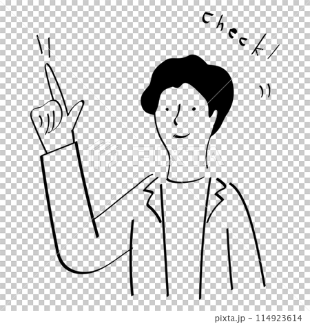 Line drawing of a man urging someone to check Line drawing of a man urging someone to check 114923614