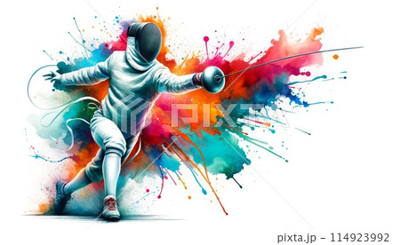 Artistic watercolor illustration of a fencer's swift strike, with vibrant splashes emanating from the blade, symbolizing motion and artistry. Generative AI 114923992