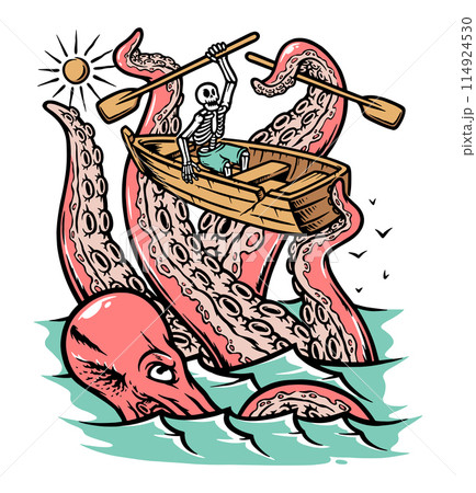 giant octopus attack skull in the sea illustration 114924530