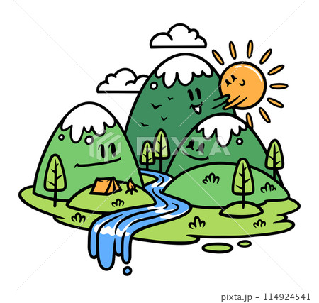cute mountain and river view illustration cute mountain and river view illustration 114924541