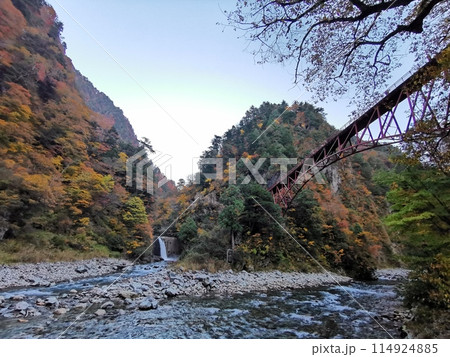 黒部峡谷 欅平駅周辺の紅葉 奥鐘橋を見上げる 114924885