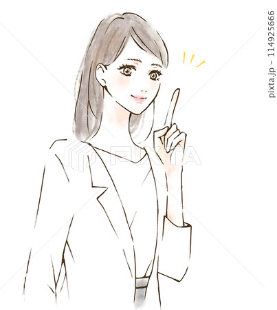 ハラスメント対策 人差し指でポイントを指差す会社員女性のイラスト 手描き スーツ 白衣 ハラスメント対策 人差し指でポイントを指差す会社員女性のイラスト 手描き スーツ 白衣 114925666