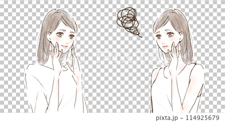 Illustration set for before and after skin care beauty: Contrasting women's expressions of solutions and worries Illustration set for before and after skin care beauty: Contrasting women's expressions of solutions and worries 114925679