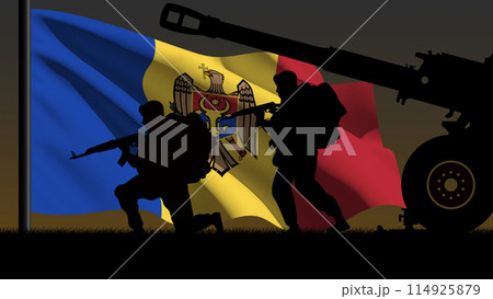 Silhouette of two soldiers and a war cannon, with the Moldovan flag in the background Silhouette of two soldiers and a war cannon, with the Moldovan flag in the background 114925879