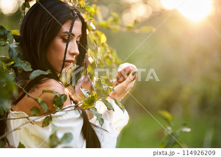 Beautiful young female with delicious harvested apple in sunlight. Side view of pensive woman with dark hair, eating red apple in garden at twilight. Concept of leisure, gardening, harvesting season. 114926209