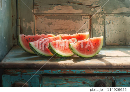 A fresh, red watermelon slice sits on a table, ready for a summer snack A fresh, red watermelon slice sits on a table, ready for a summer snack 114926623