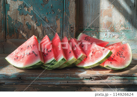 A fresh, red watermelon slice sits on a table, ready for a summer snack A fresh, red watermelon slice sits on a table, ready for a summer snack 114926624