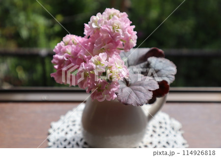 花瓶に入れたヒューケラとストックの花 114926818