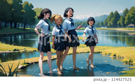 水辺で道草の女子高生 114927525