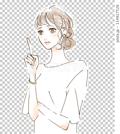 悩む表情の女性のイラスト　上方向に指をさす　産休　育休 114927526