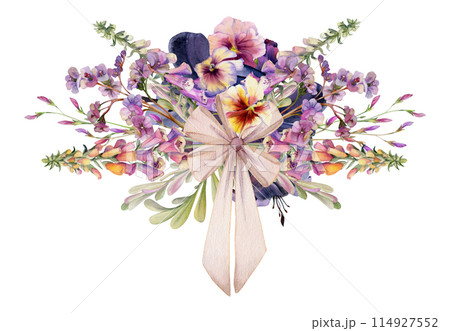 Hand drawn watercolor illustration botanical flowers leaves. Foxglove snapdragon lupin, pansy viola, willow eucalyptus, bergenia pink lobelia jasmine. Bouquet isolated on white. Design wedding, cards 114927552