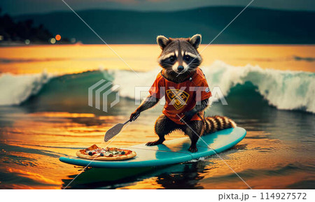 Racoon on surf board delivers pizza 114927572