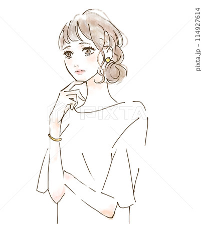 腕を組む女性のイラスト　悩む表情 114927614