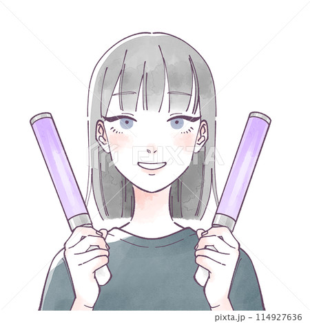 ペンライトを両手で持つ黒髪ショートの女性　水彩 114927636