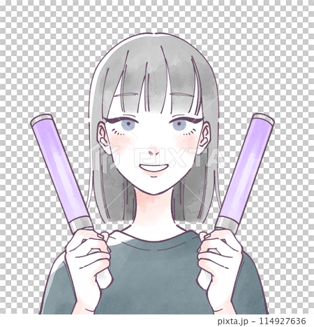 ペンライトを両手で持つ黒髪ショートの女性　水彩 114927636