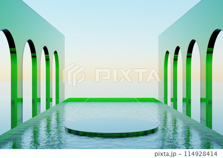 Colorful design of arched walls and rippling water. 3d render 114928414