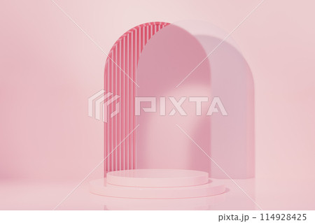 3D rendering image of pink circular pedestal in bright studio 3D rendering image of pink circular pedestal in bright studio 114928425