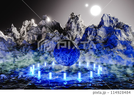 Modern futuristic neon abstract background. Planet in the center between neon laser. 3d render 114928484