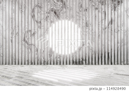 3D render of bright sun shining through marble wall paneling 114928490