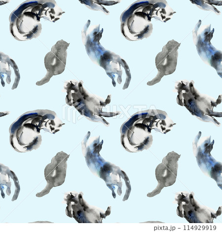 Pattern of cat sketch, animal print stains, beautiful shapes, pastel color palette. Watercolor illustration of sleeping, lying, playing pet. Used in packaging, on fabric, wrapping paper 114929919