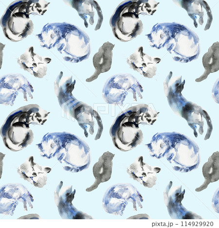Pattern of cat sketch, animal print stains, beautiful shapes, pastel color palette. Watercolor illustration of sleeping, lying, playing pet. Used in packaging, on fabric, wrapping paper 114929920