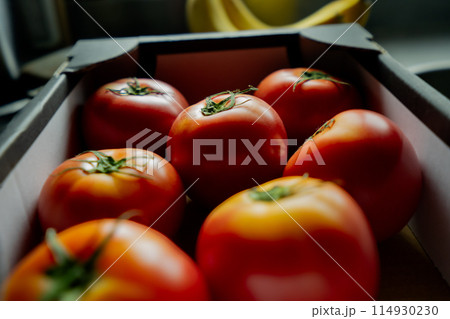 夏の野菜 箱に入っているとまと完熟トマト 夏の野菜 箱に入っているとまと完熟トマト 114930230