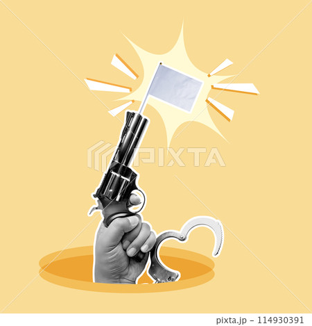 Surreal concept, hand firing a gun with flag on yellow background 114930391