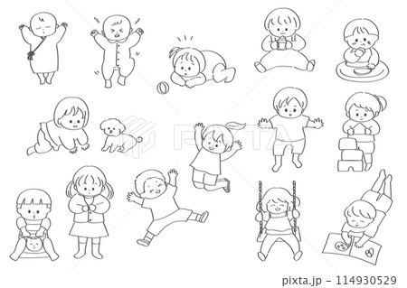 赤ちゃんと幼児の手書きの線画イラストセット 114930529