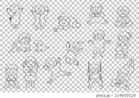 赤ちゃんと幼児の手書きの線画イラストセット 114930529