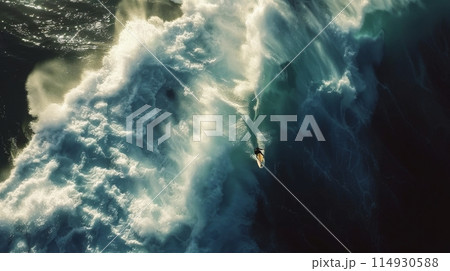 Man Riding Wave on Surfboard 114930588