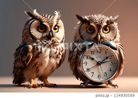 cute beautiful owl sitting with alarm clock, isolated on brown background 114930589