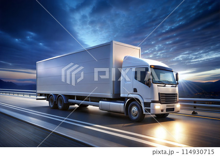 Blank white delivery truck on road, highway, night Blank white delivery truck on road, highway, night 114930715