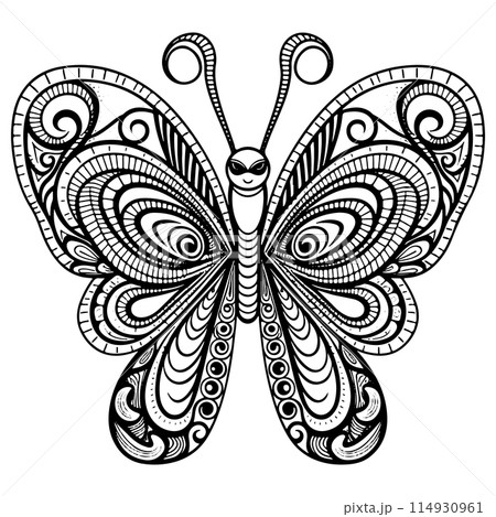 Doodle Ornate Butterfly, Adult Coloring Page Template. Doodle Ornate Butterfly, Adult Coloring Page Template. 114930961