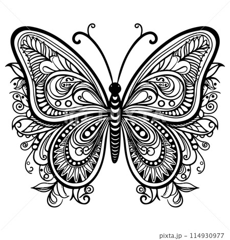 Doodle Ornate Butterfly, Adult Coloring Page Template.  114930977