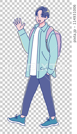 笑顔で歩くアニメ調の若い男子学生 笑顔で歩くアニメ調の若い男子学生 114931006