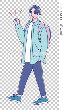 A young anime-style student walking with a smile 114931007