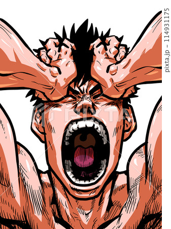 頭を抱え叫ぶ裸の男性のイラスト 114931175