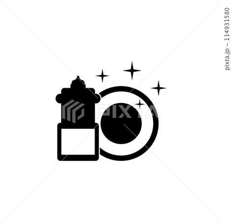 Hand Dishwashing Liquid with Clean Plate, Dish Washing Detergent Flat Vector Icon 114931580