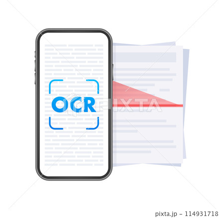 OCR - Optical character recognition. Document scan. Process of recognizing document. Vector stock illustration 114931718
