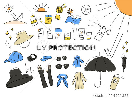 紫外線対策のものを集めた手描きイラストセット 114931828
