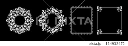 Set of decorative frames Elegant vector element for design in Eastern style, place for text. Floral black and white borders. Lace illustration for invitations and greeting cards. 114932472