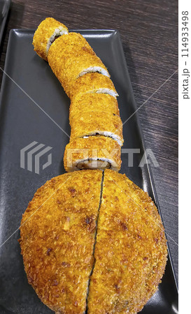 delicious fresh sushi burgers on a dark background for food delivery website delicious fresh sushi burgers on a dark background for food delivery website 114933498