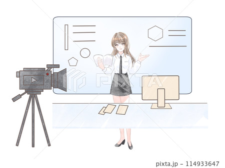 オンライン授業をする女性教師 114933647