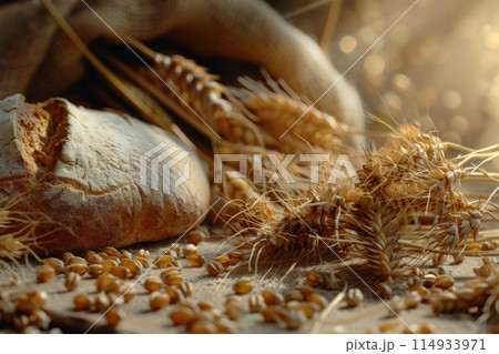 The concept of baking bread. Various breads and wheat varieties displayed on the table 114933971