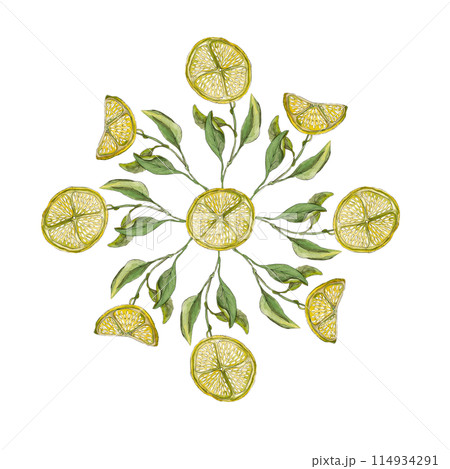Lemon slices and fancy flowers print. Round pattern. Watercolor illustration. Ideal for summer decor: napkins, trays, plates, tablecloths Lemon slices and fancy flowers print. Round pattern. Watercolor illustration. Ideal for summer decor: napkins, trays, plates, tablecloths 114934291
