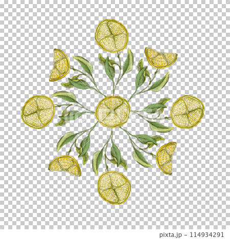 Lemon slices and fancy flowers print. Round pattern. Watercolor illustration. Ideal for summer decor: napkins, trays, plates, tablecloths Lemon slices and fancy flowers print. Round pattern. Watercolor illustration. Ideal for summer decor: napkins, trays, plates, tablecloths 114934291